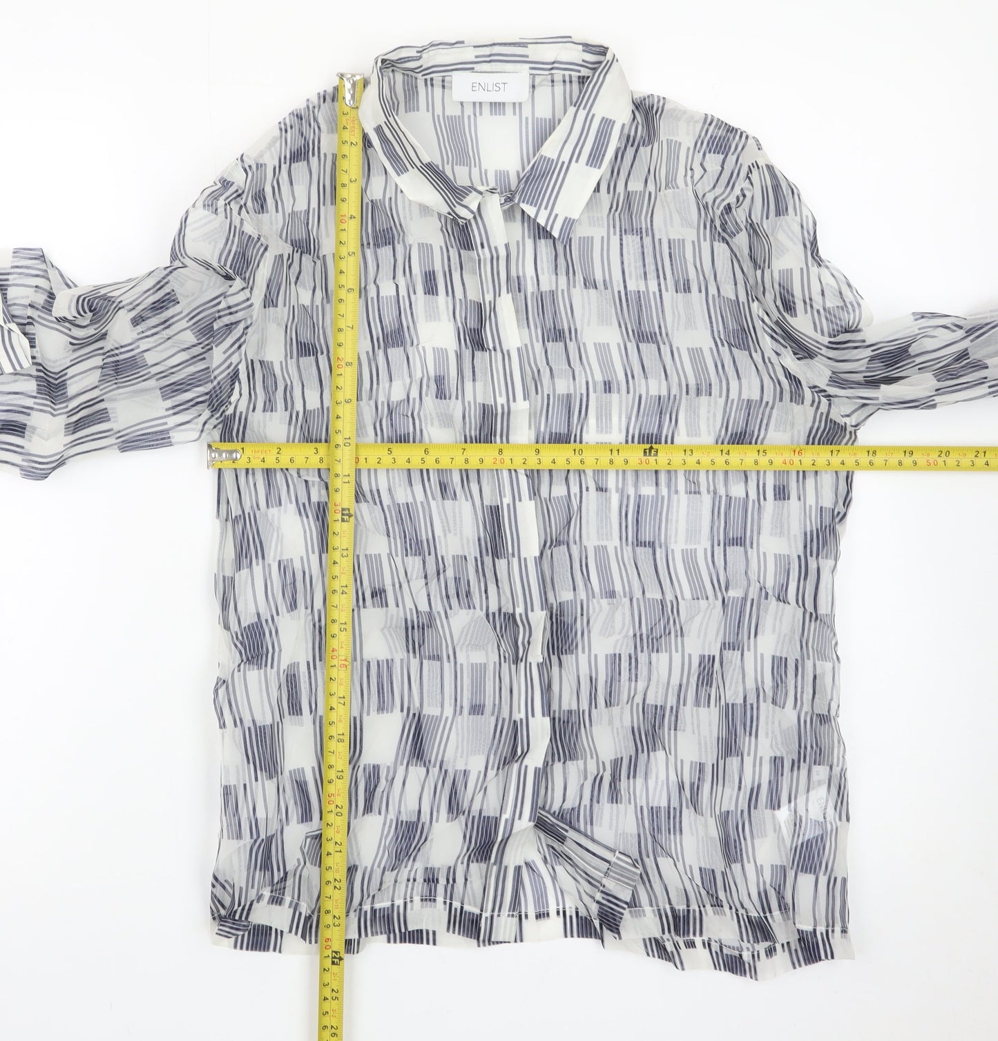 ENLIST Women's Blue Geometric Sheer Button-Up Blouse Size 14