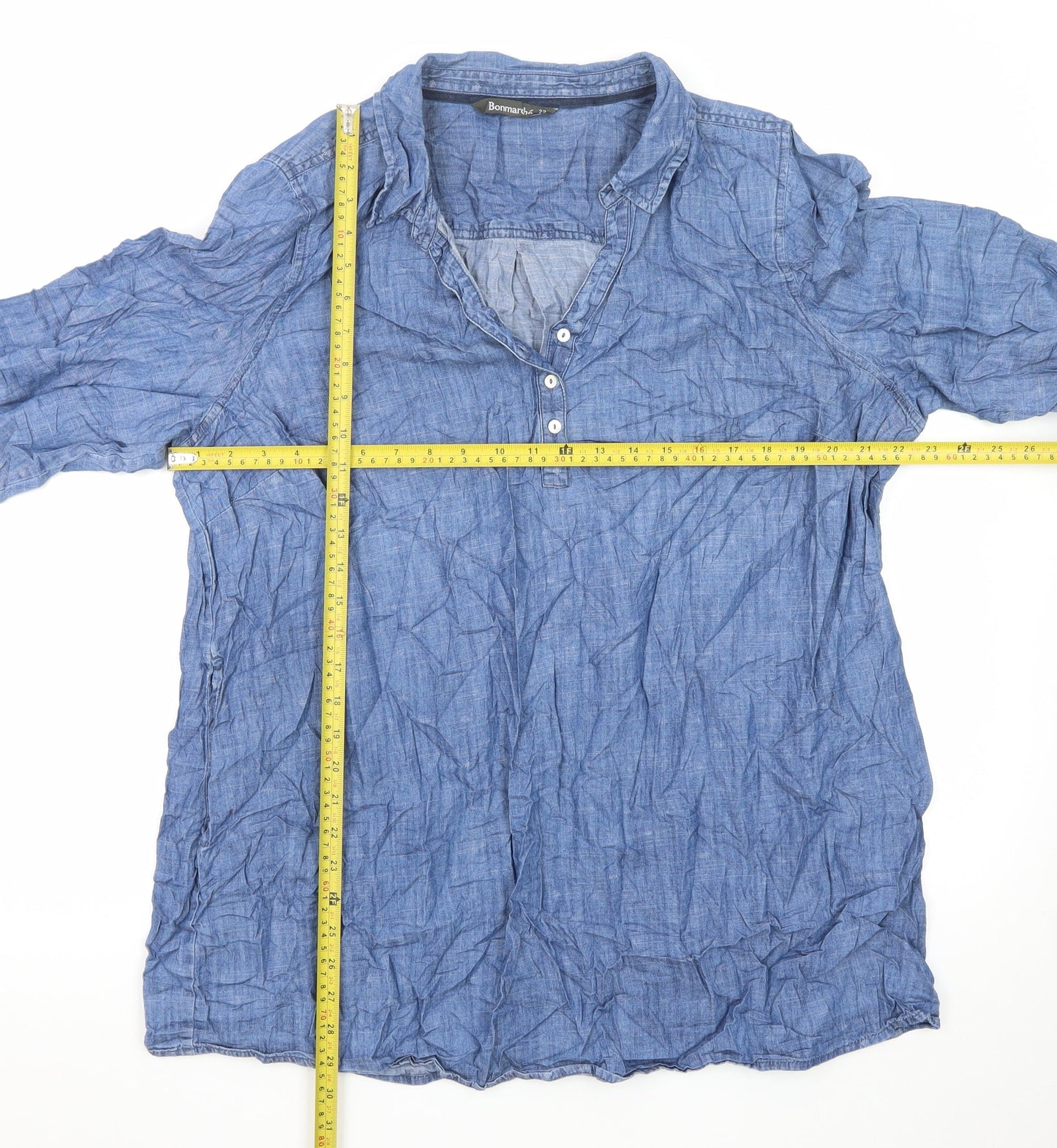 Bonmarché Women’s Blue Chambray Shirt Dress Size 22 Collared 3/4 Sleeve