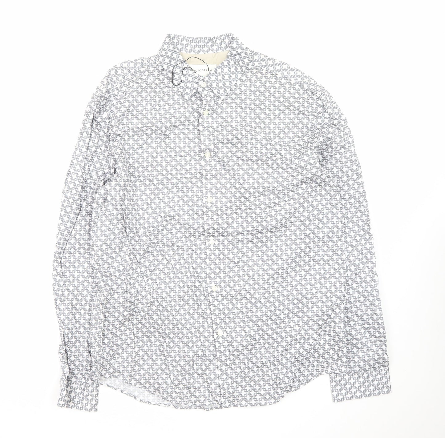 Marks and Spencer Men’s White Geometric Long Sleeve Cotton Button-Up Shirt L