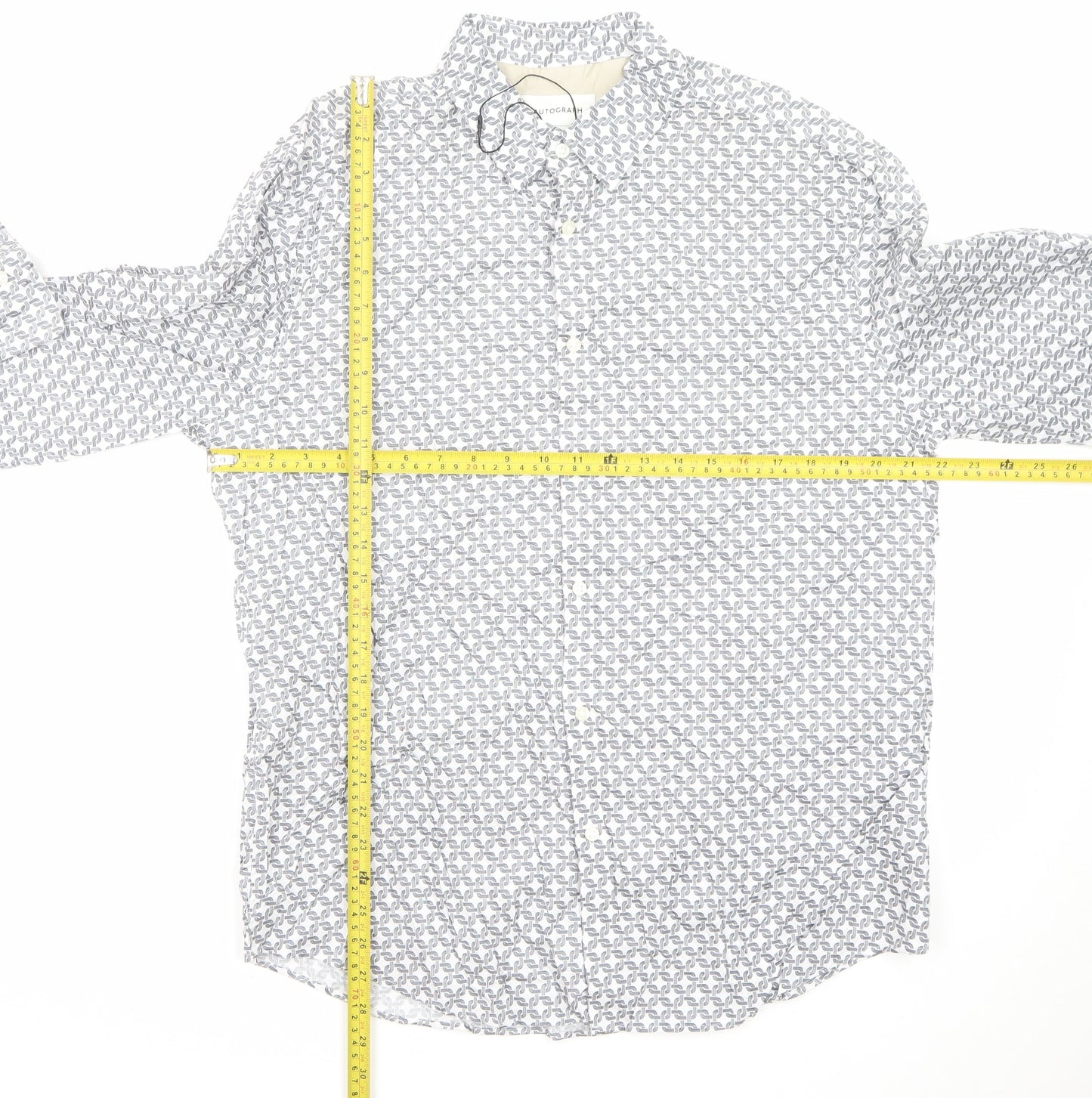 Marks and Spencer Men’s White Geometric Long Sleeve Cotton Button-Up Shirt L