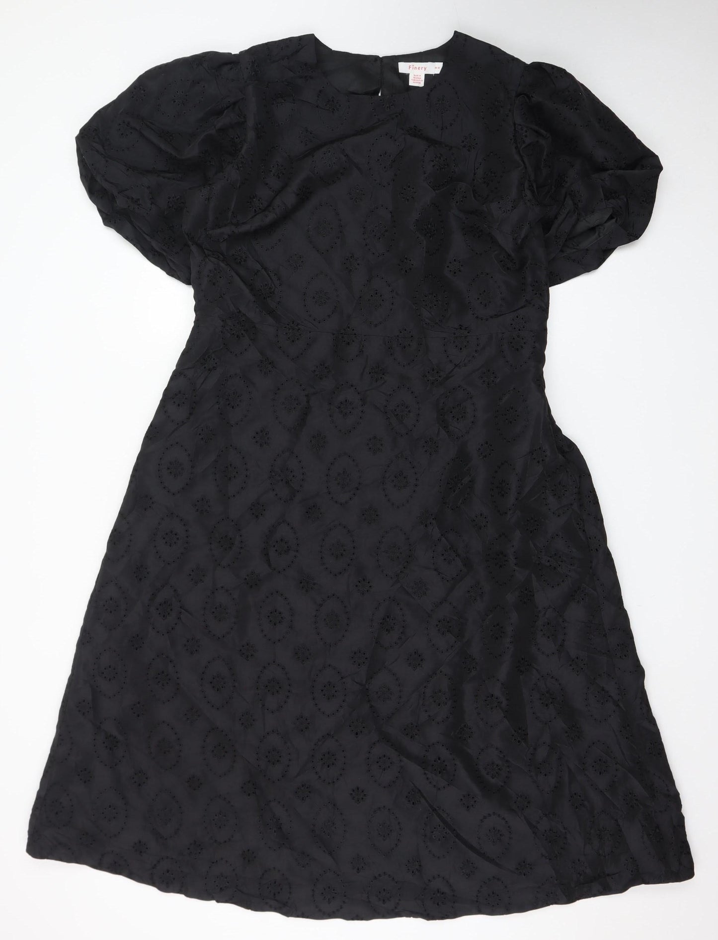 Finery Women Black A-Line Embroidered Puff Sleeve Dress UK 18