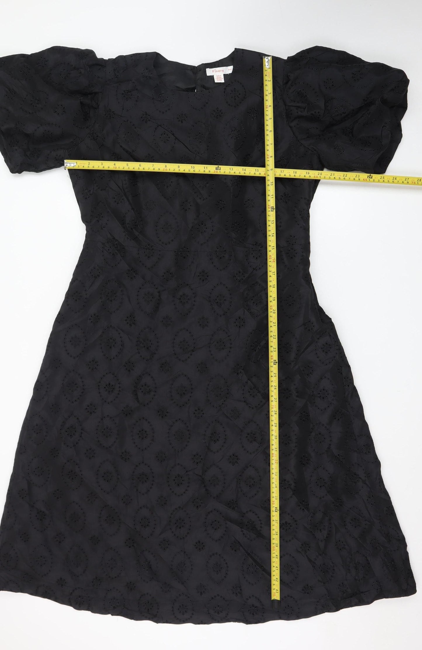 Finery Women Black A-Line Embroidered Puff Sleeve Dress UK 18