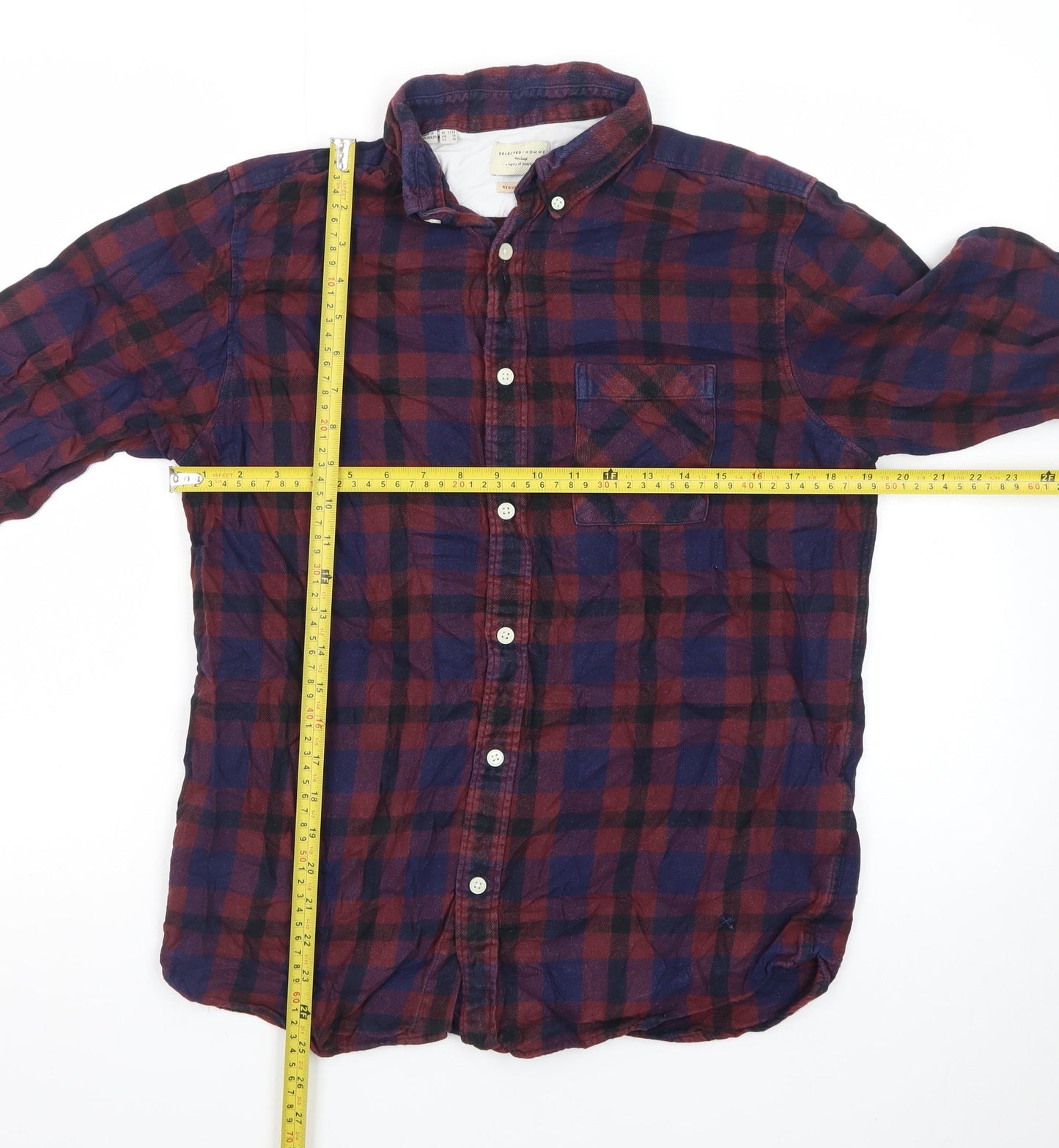 Selected Homme Men's Red & Navy Check Cotton Shirt Regular Fit L