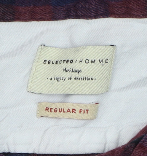 Selected Homme Men's Red & Navy Check Cotton Shirt Regular Fit L