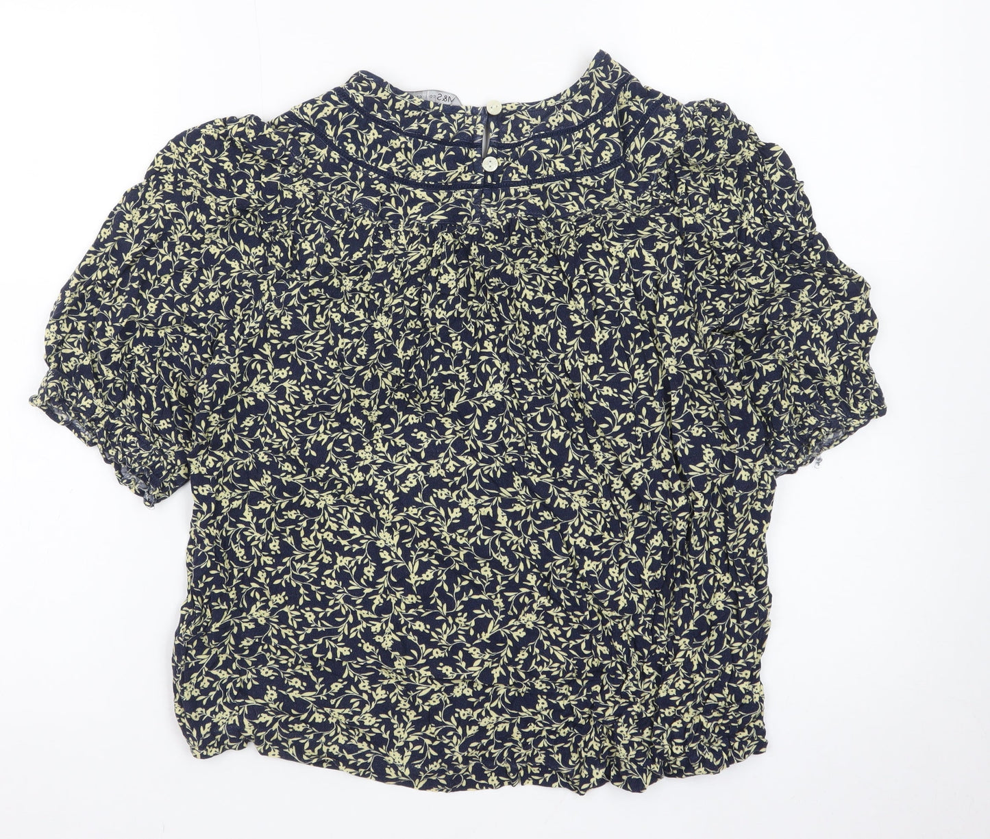 Marks and Spencer Women's Blue Floral Short Sleeve High Neck Blouse Size 10