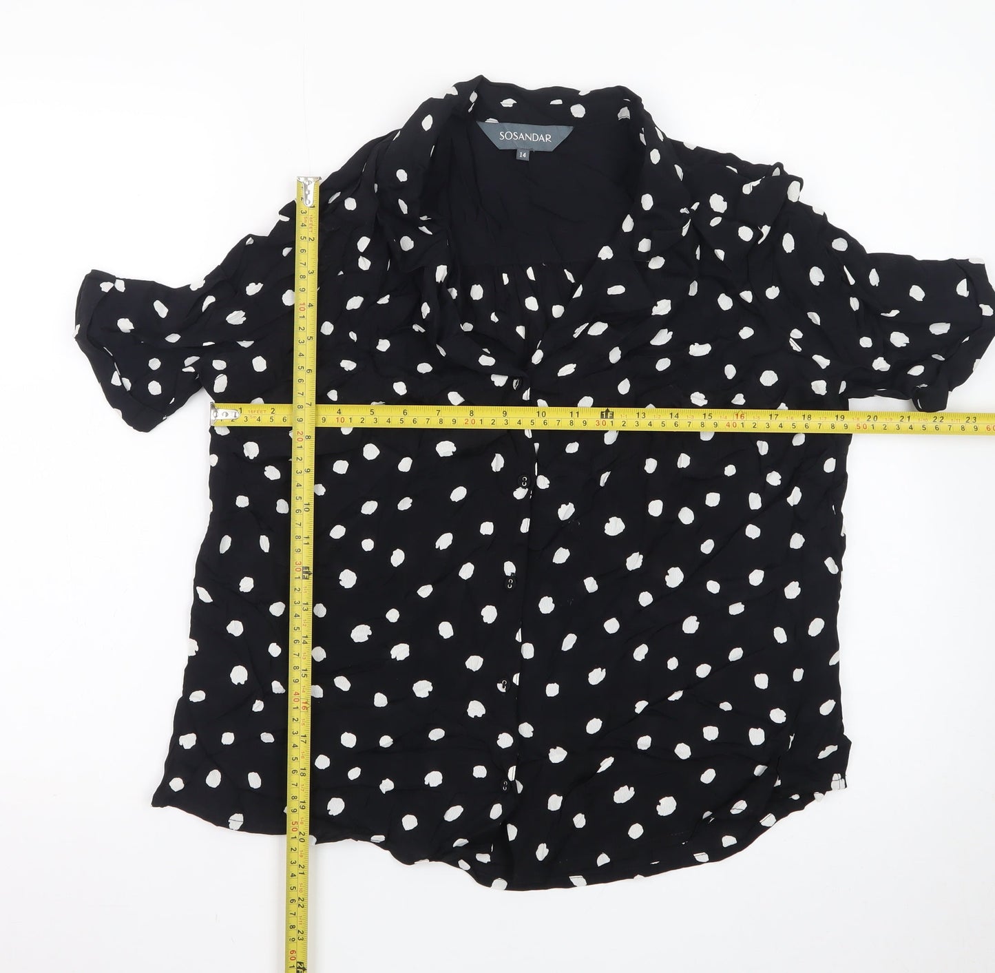 Sosandar Women’s Black Polka Dot Short Sleeve Collared Blouse Size 14