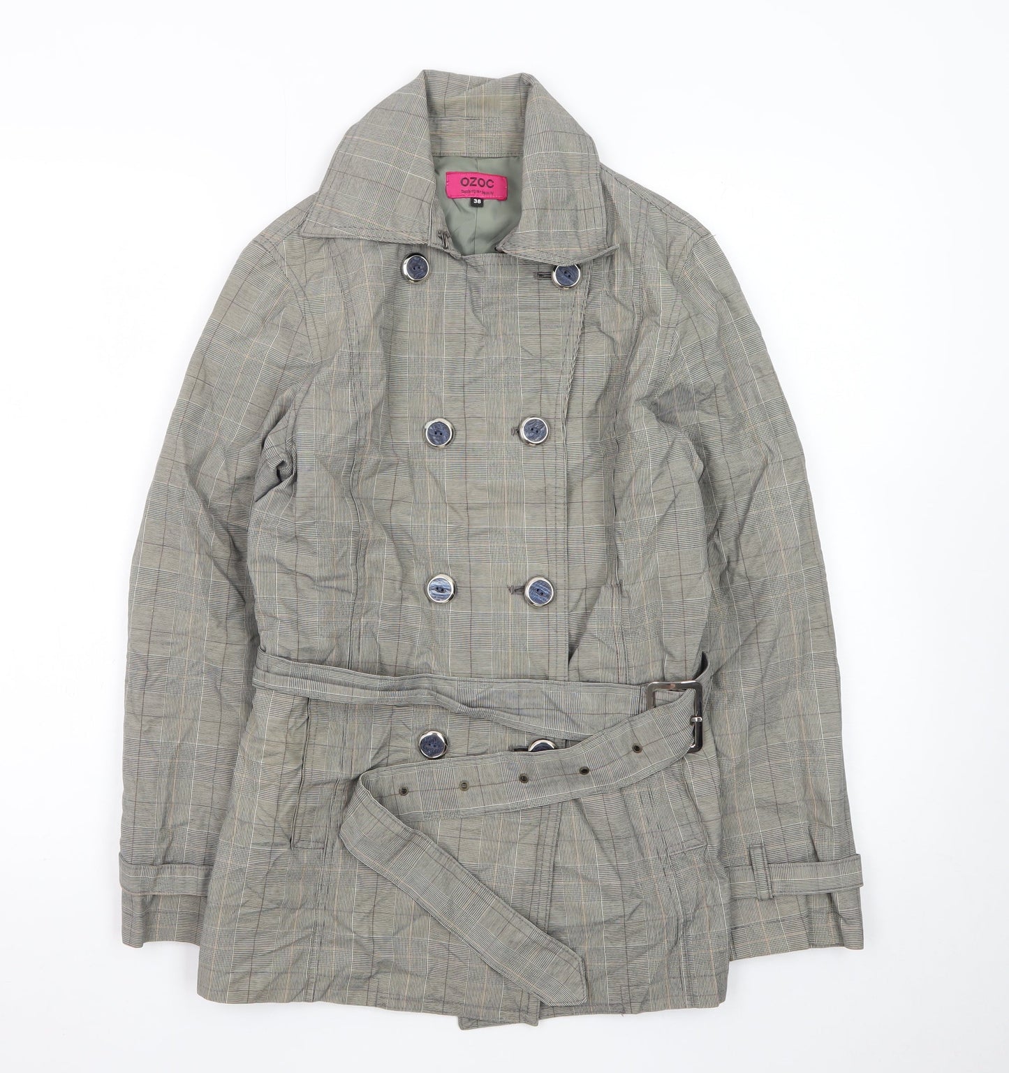 OZOC Women's Grey Checked Belted Trench Coat Size 10