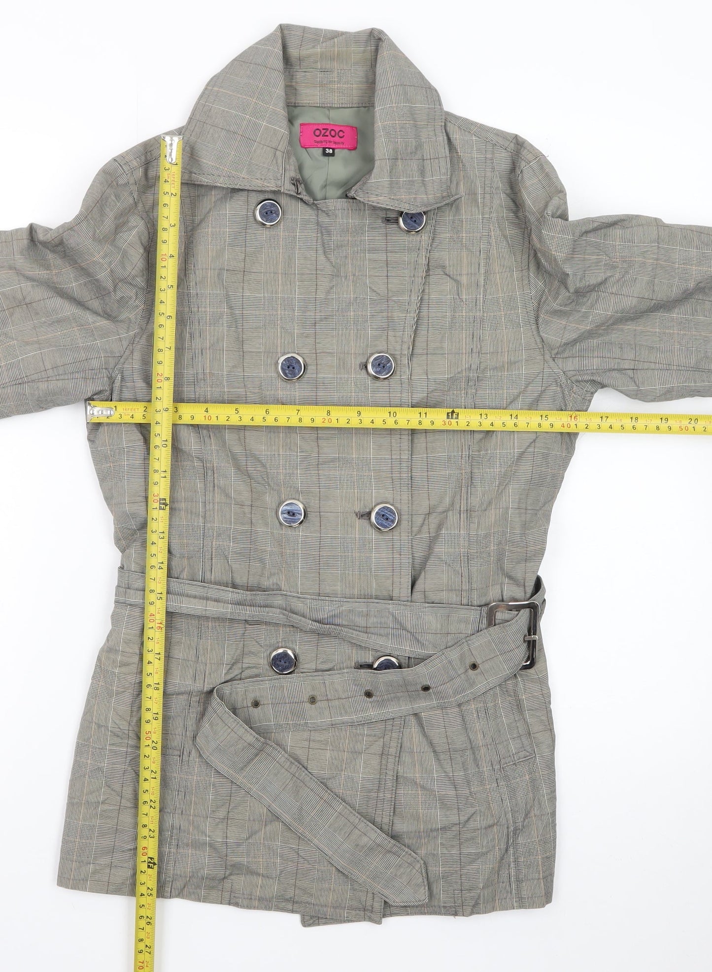 OZOC Women's Grey Checked Belted Trench Coat Size 10