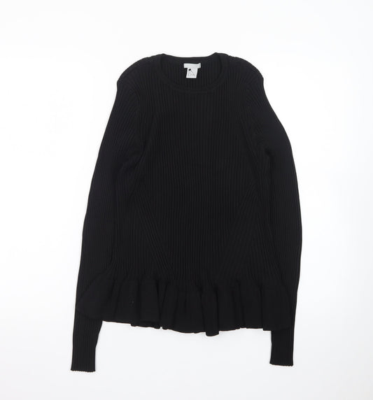 H&M Women Black Ribbed Ruffle Hem Pullover Jumper Size 14
