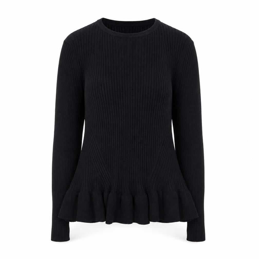 H&M Women Black Ribbed Ruffle Hem Pullover Jumper Size 14