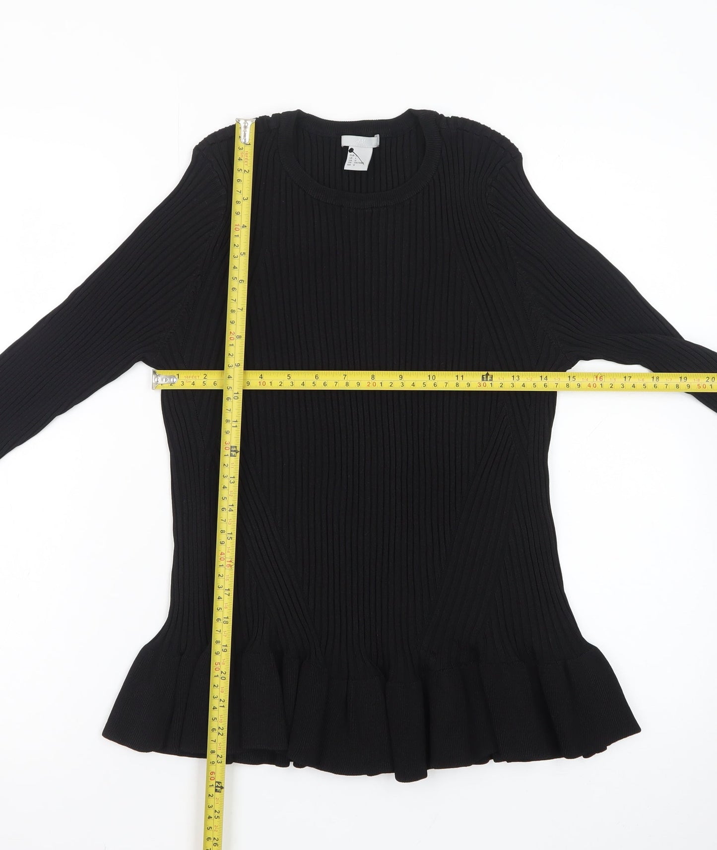 H&M Women Black Ribbed Ruffle Hem Pullover Jumper Size 14