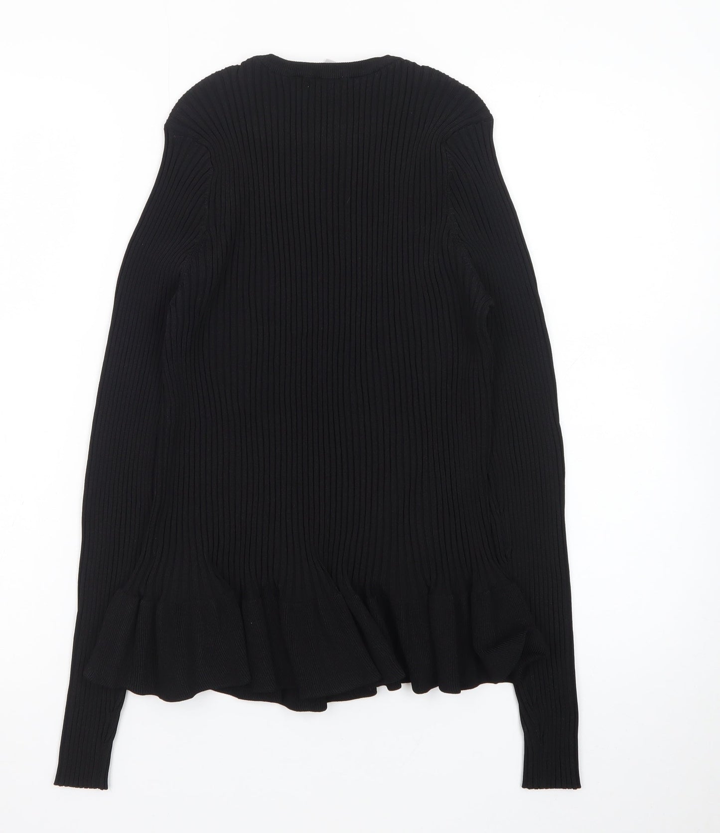 H&M Women Black Ribbed Ruffle Hem Pullover Jumper Size 14