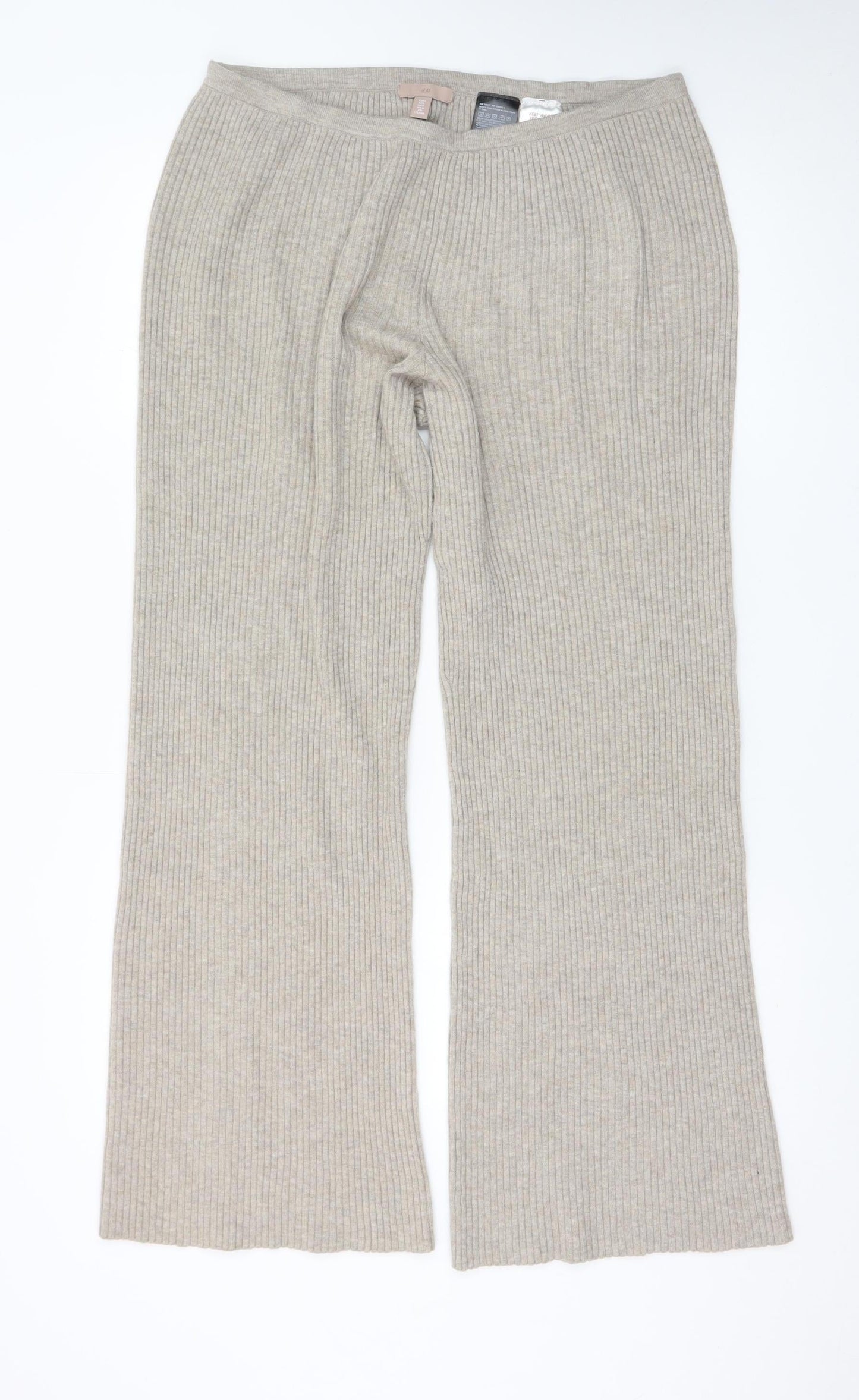 H&M Women’s Beige Rib Knit Wide Leg Trousers Size L Wool Blend