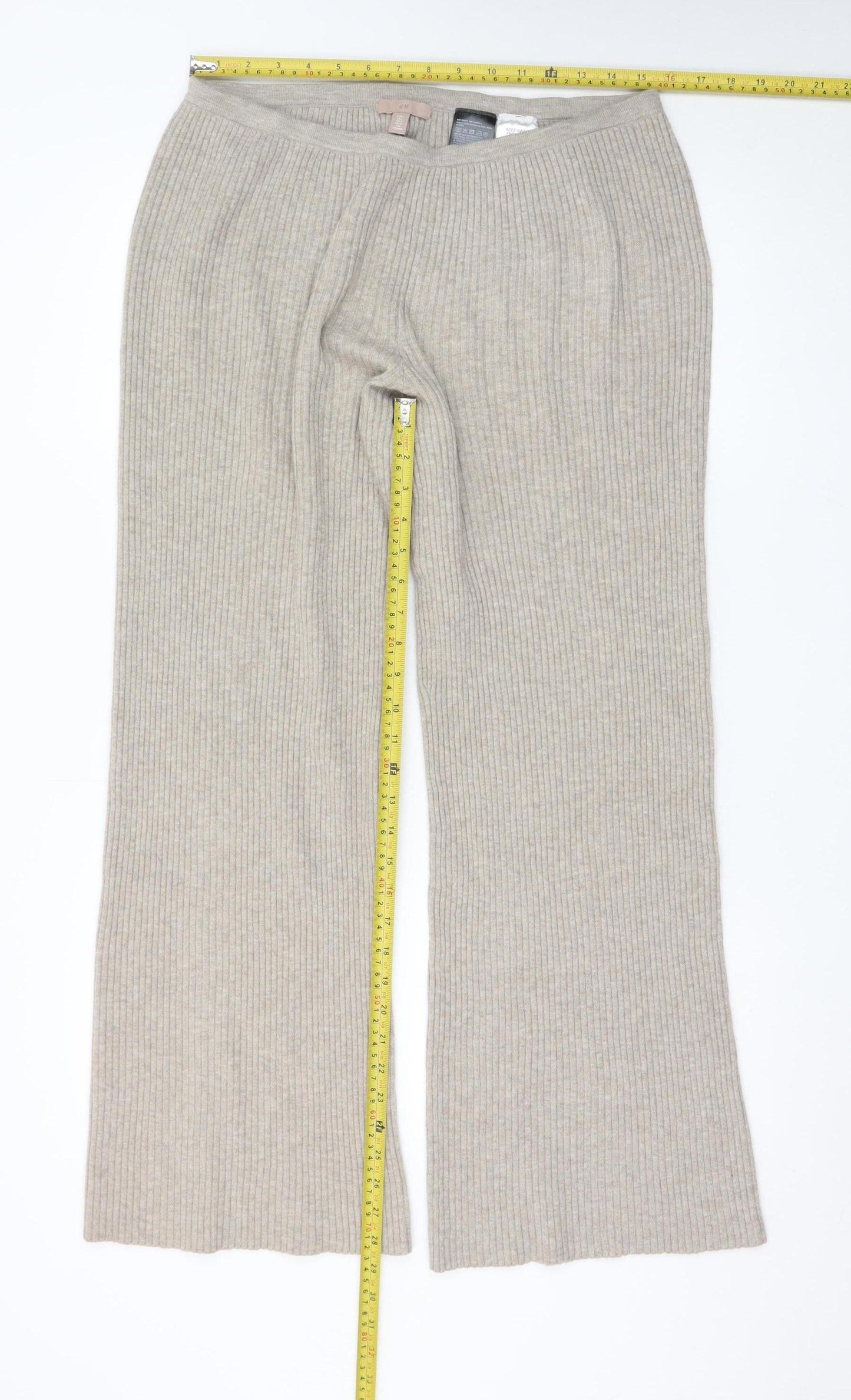 H&M Women’s Beige Rib Knit Wide Leg Trousers Size L Wool Blend