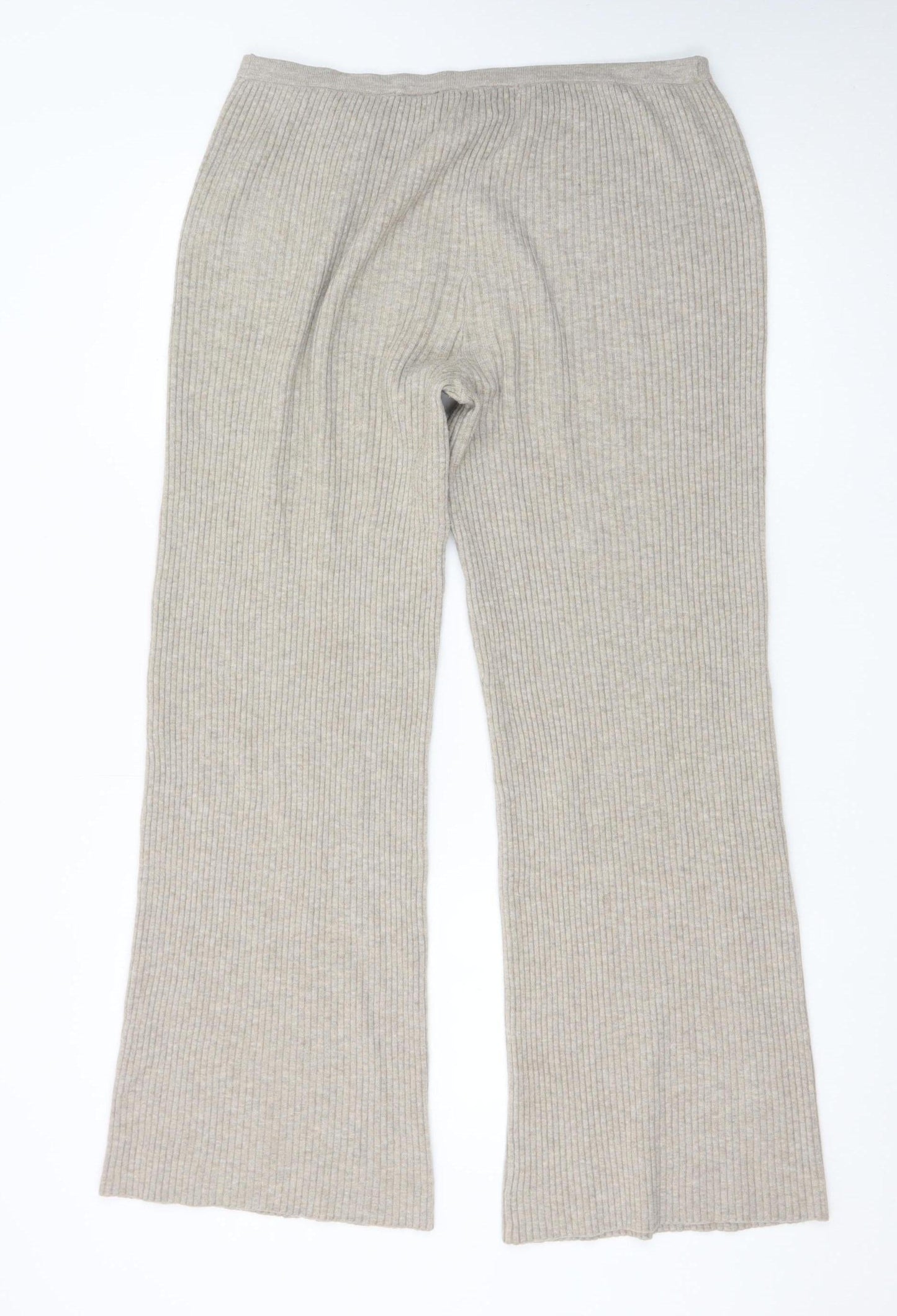 H&M Women’s Beige Rib Knit Wide Leg Trousers Size L Wool Blend