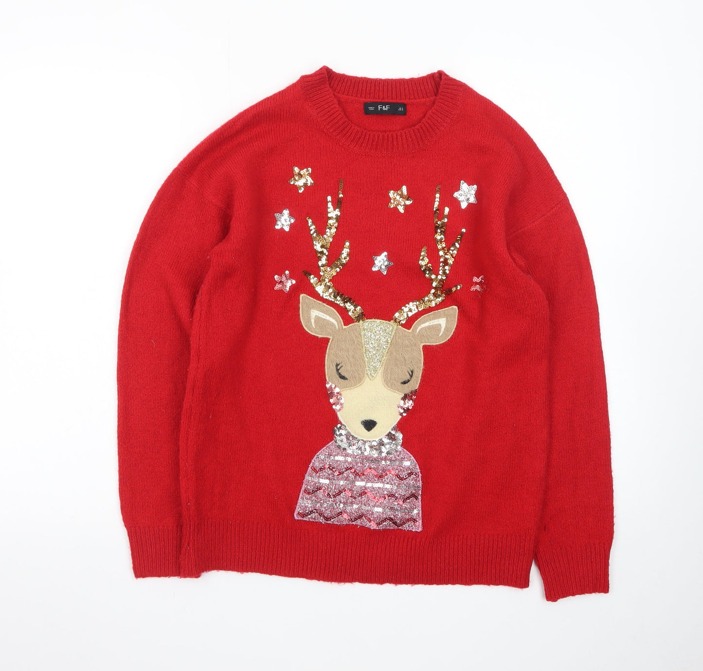 F&F Women's Red Christmas Reindeer Sequin Jumper Size S