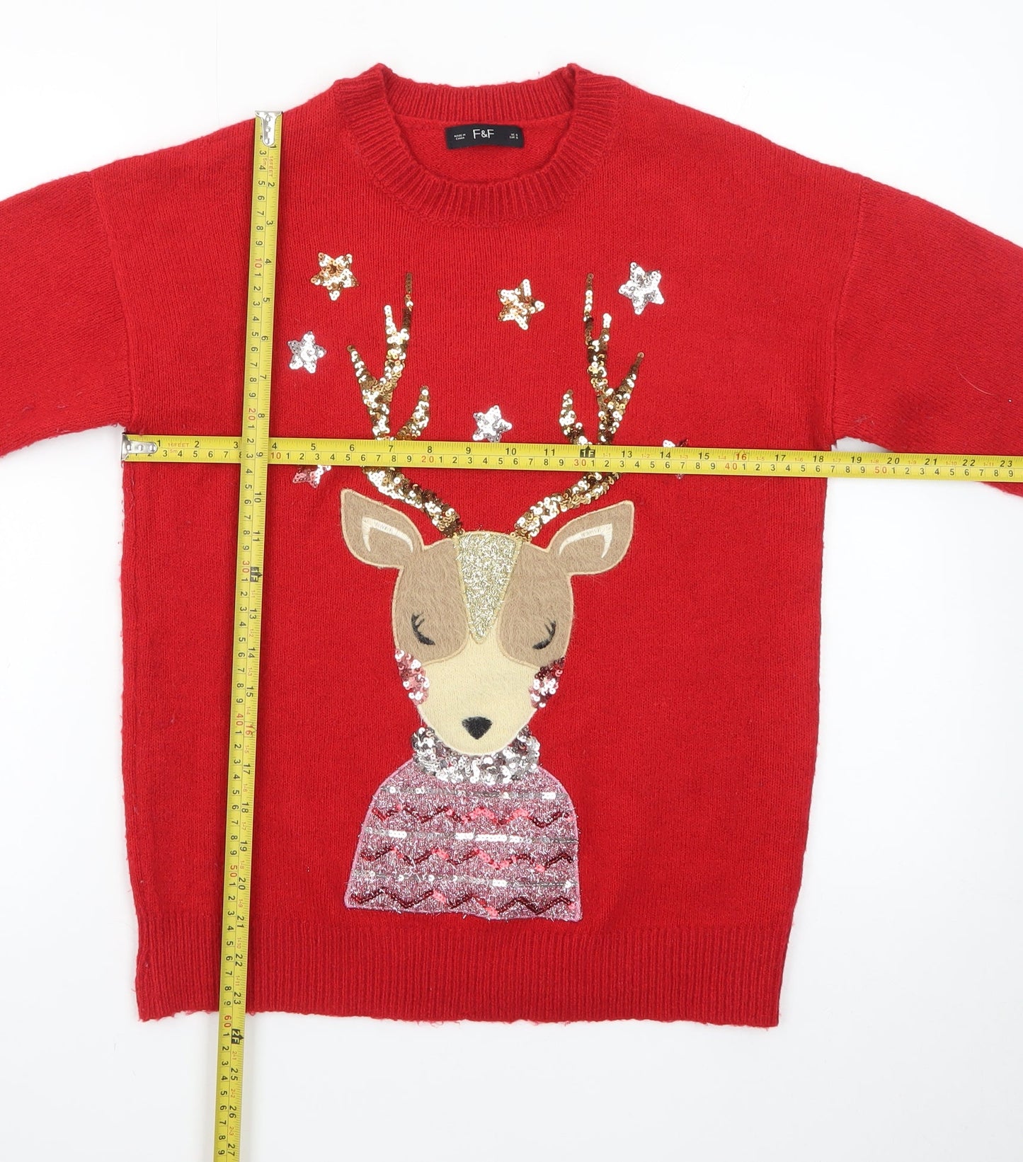 F&F Women's Red Christmas Reindeer Sequin Jumper Size S