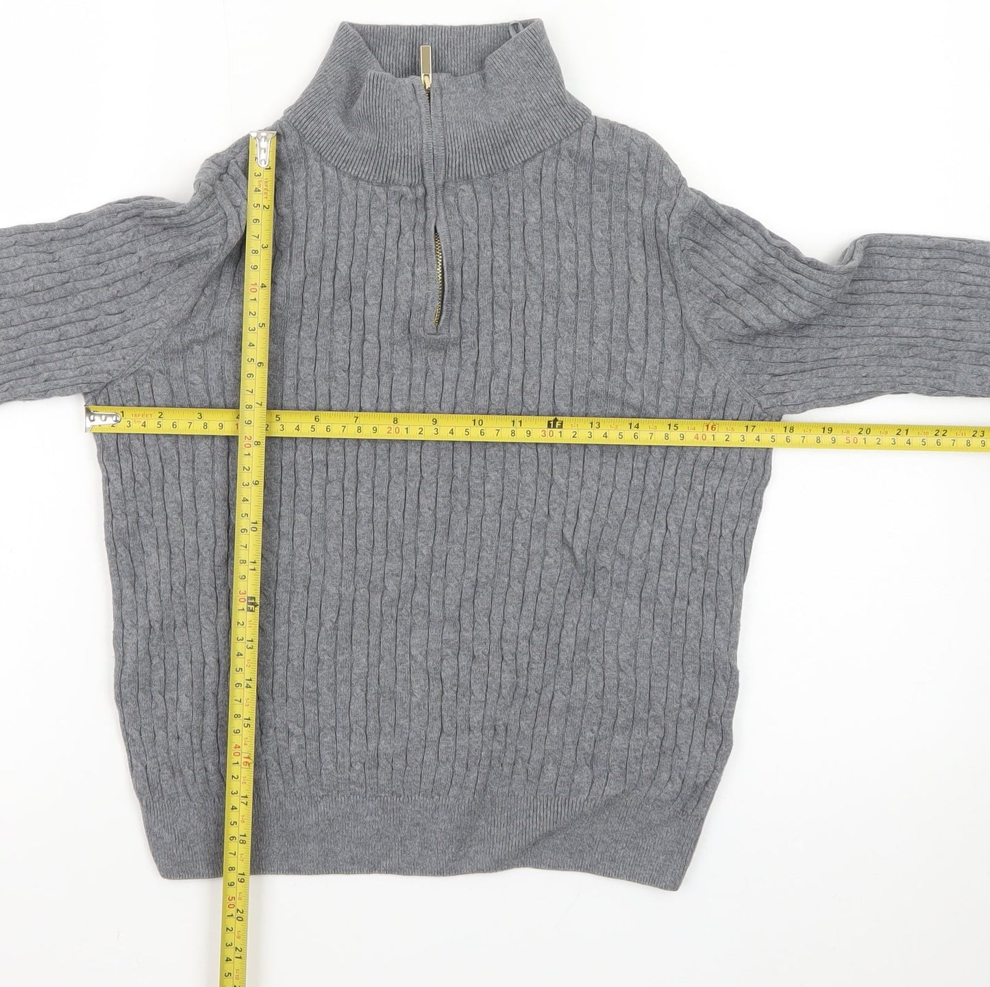 Jones New York Men's Grey Large 1/4 Zip Cable-Knit Cotton Jumper