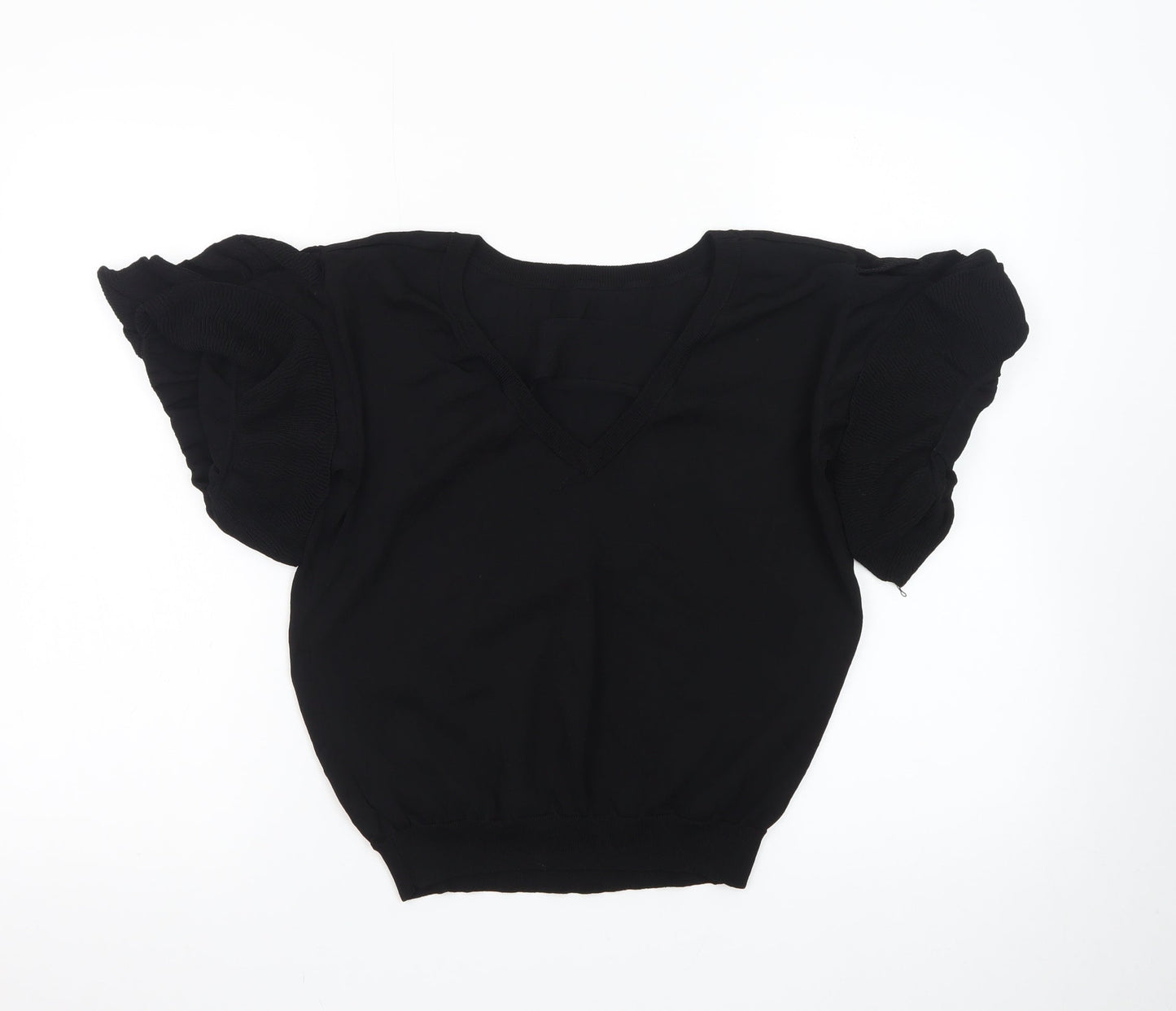Next Women Black Size 12 V-Neck Ruffle Sleeve Knit Jumper