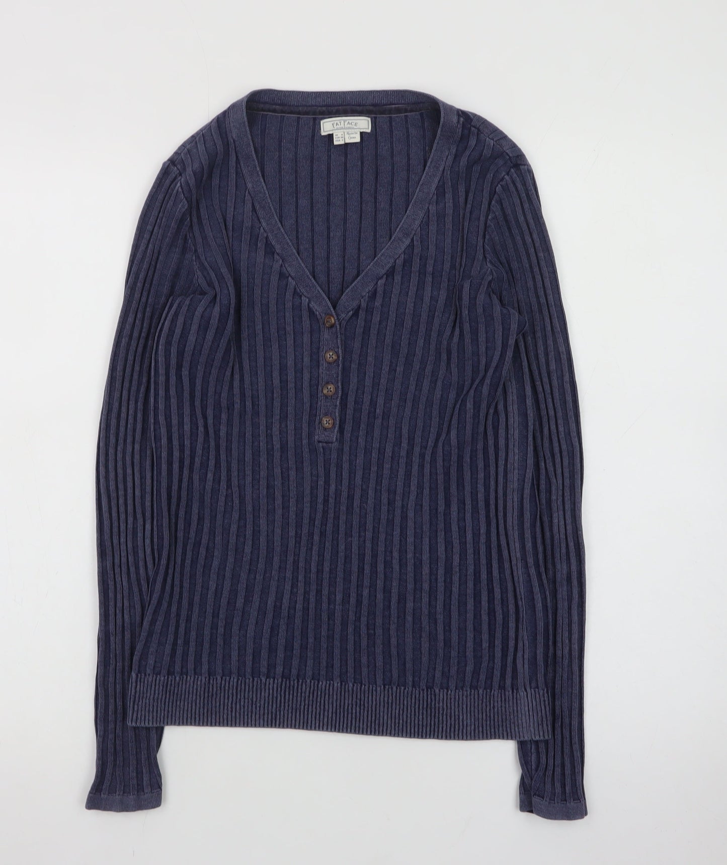 Fat Face Women's Blue Henley Knit Jumper Size 8 Long Sleeve Cotton