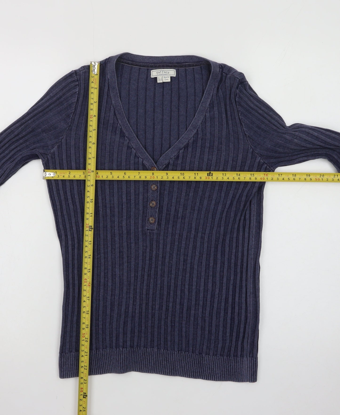Fat Face Women's Blue Henley Knit Jumper Size 8 Long Sleeve Cotton