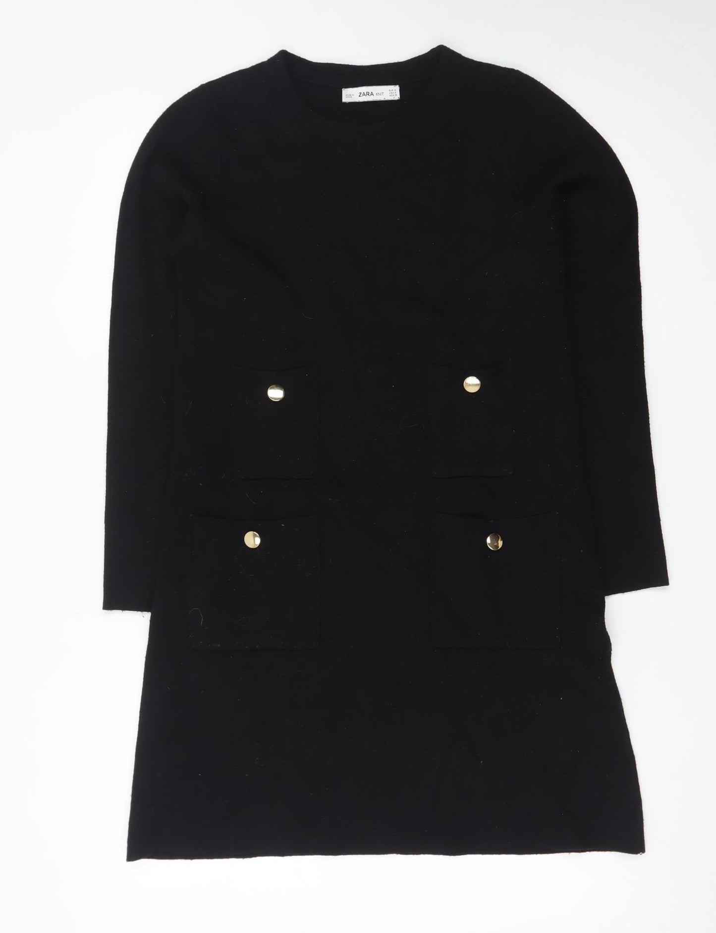 Zara Women Black Knit Shift Dress Size S Long Sleeve Pockets