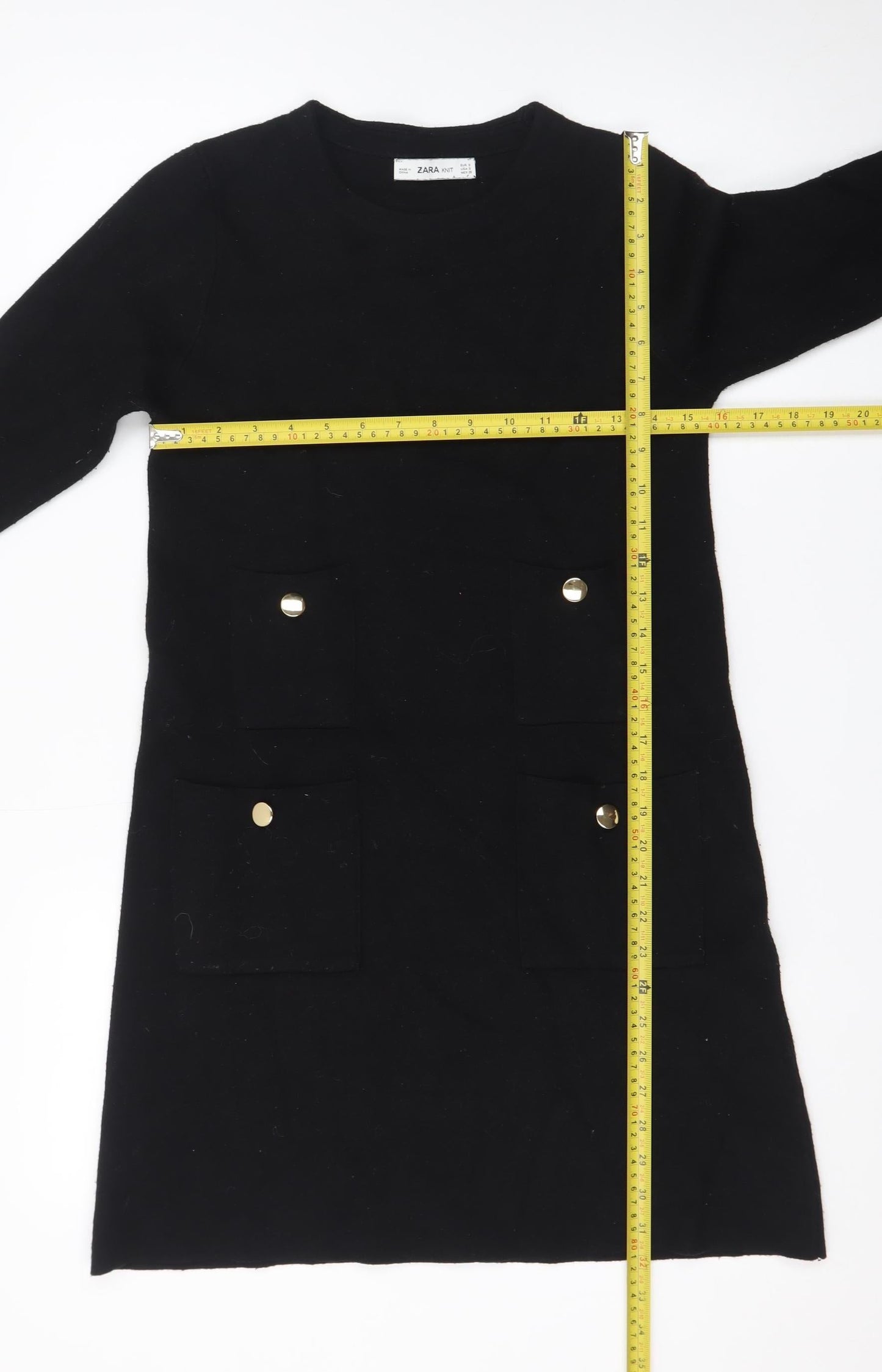 Zara Women Black Knit Shift Dress Size S Long Sleeve Pockets