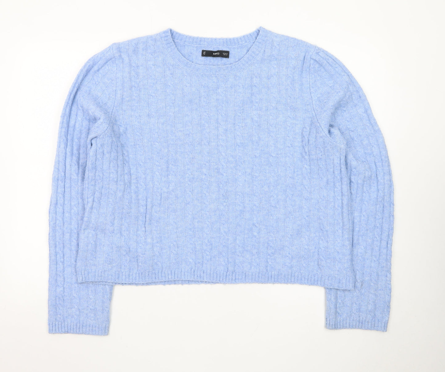 MNG Women's Blue Cable-Knit Wool Blend Crew Neck Jumper Size 16
