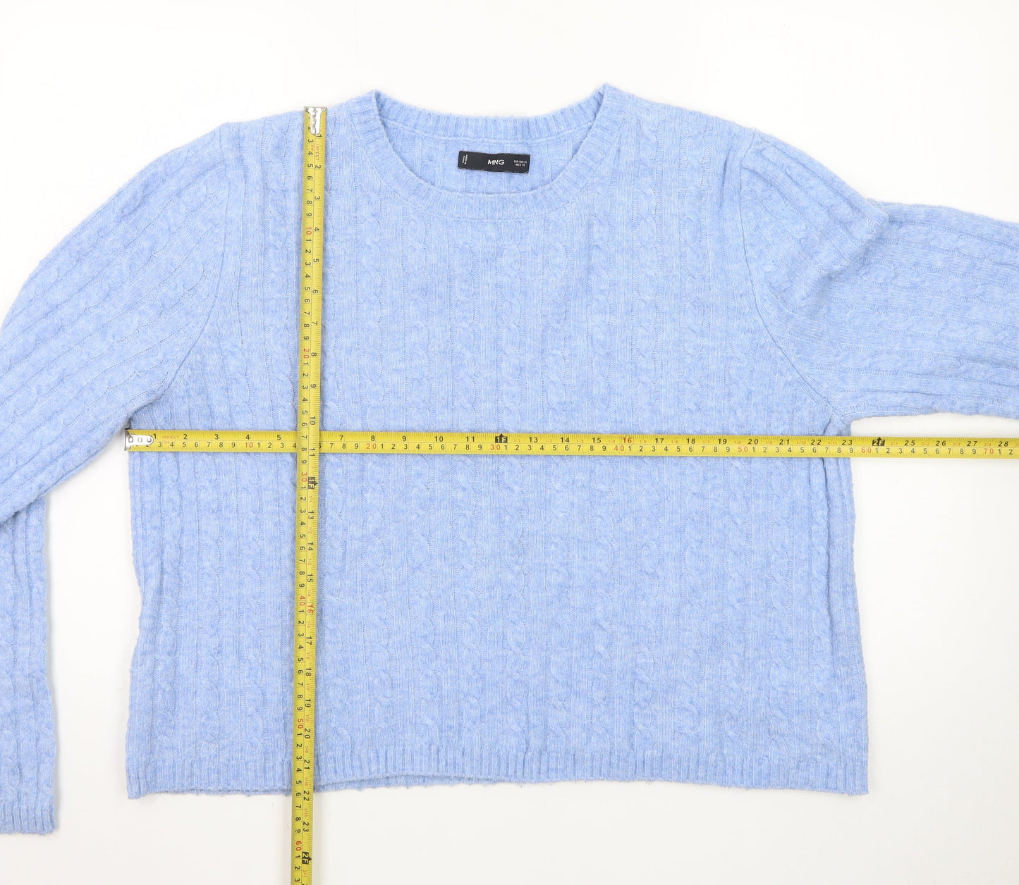 MNG Women's Blue Cable-Knit Wool Blend Crew Neck Jumper Size 16
