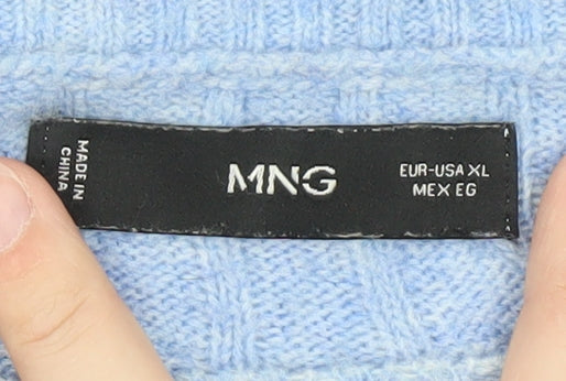 MNG Women's Blue Cable-Knit Wool Blend Crew Neck Jumper Size 16