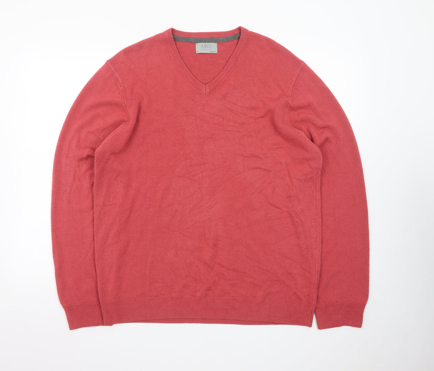 Marks and Spencer Mens Red Wool Cashmere V-Neck Jumper XL Regular Fit