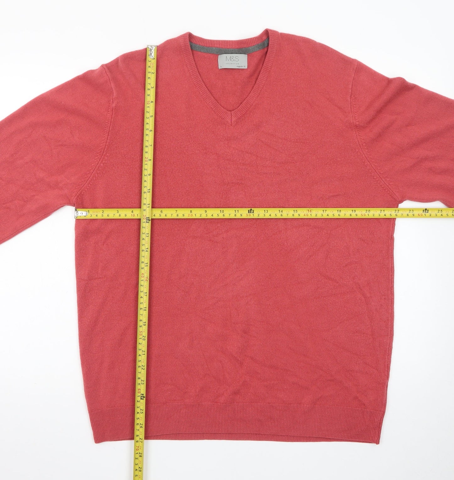 Marks and Spencer Mens Red Wool Cashmere V-Neck Jumper XL Regular Fit