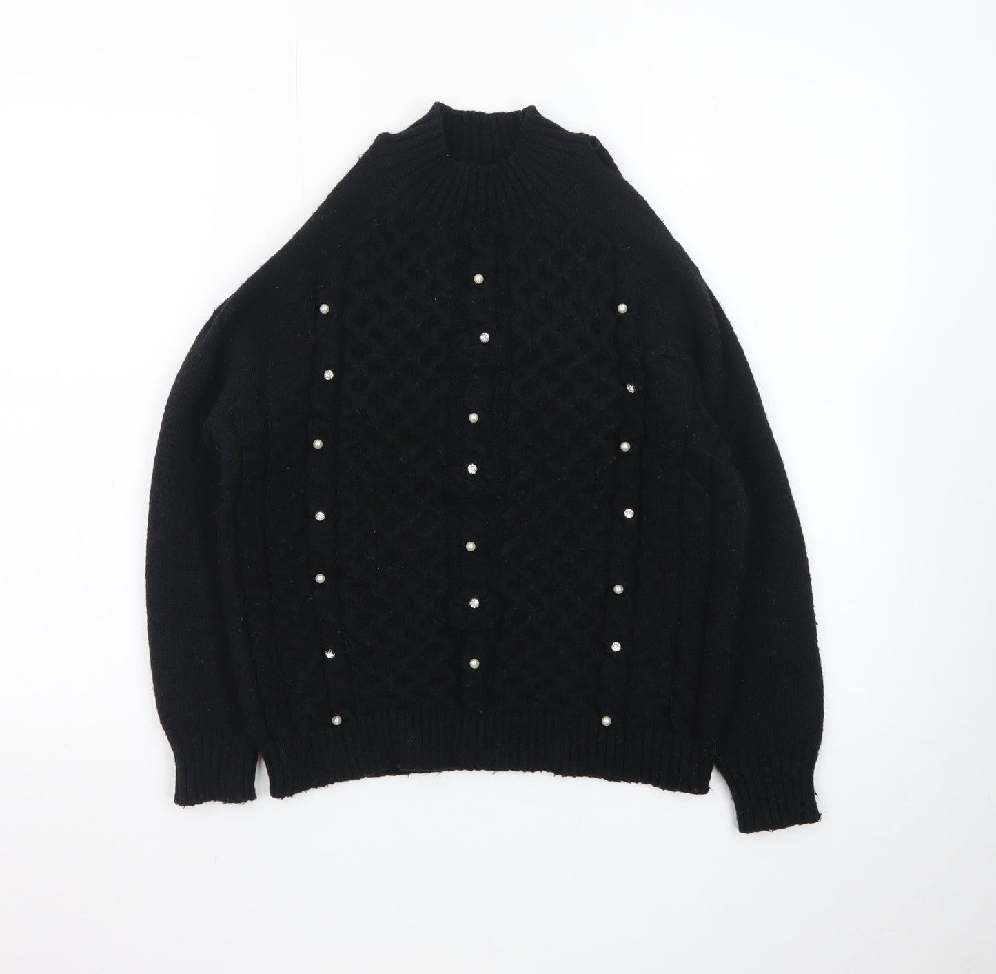 Lipsy Teens Black Mock Neck Pearl Beaded Cable Knit Jumper 11-12 YRS