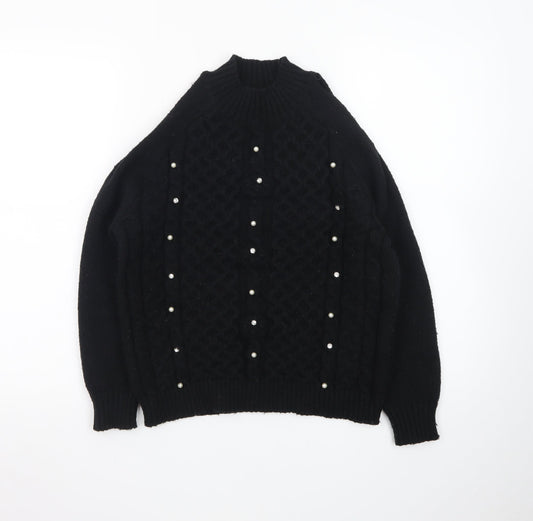 Lipsy Teens Black Mock Neck Pearl Beaded Cable Knit Jumper 11-12 YRS