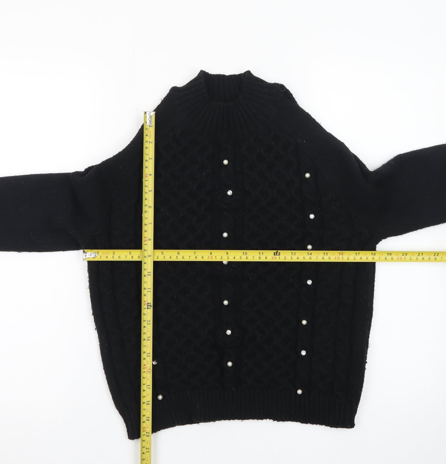 Lipsy Teens Black Mock Neck Pearl Beaded Cable Knit Jumper 11-12 YRS