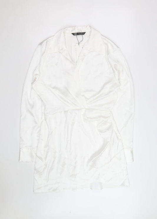 Zara Women White Satin Wrap Blouse Long Sleeve L