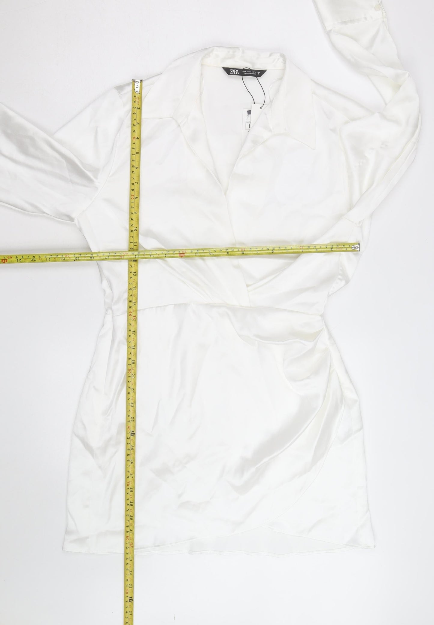 Zara Women White Satin Wrap Blouse Long Sleeve L