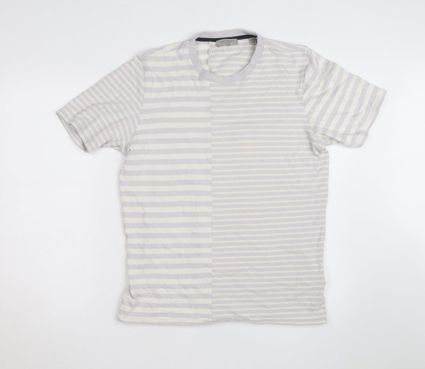 Ted Baker Women Grey Striped Cotton Crew Neck T-Shirt Size L
