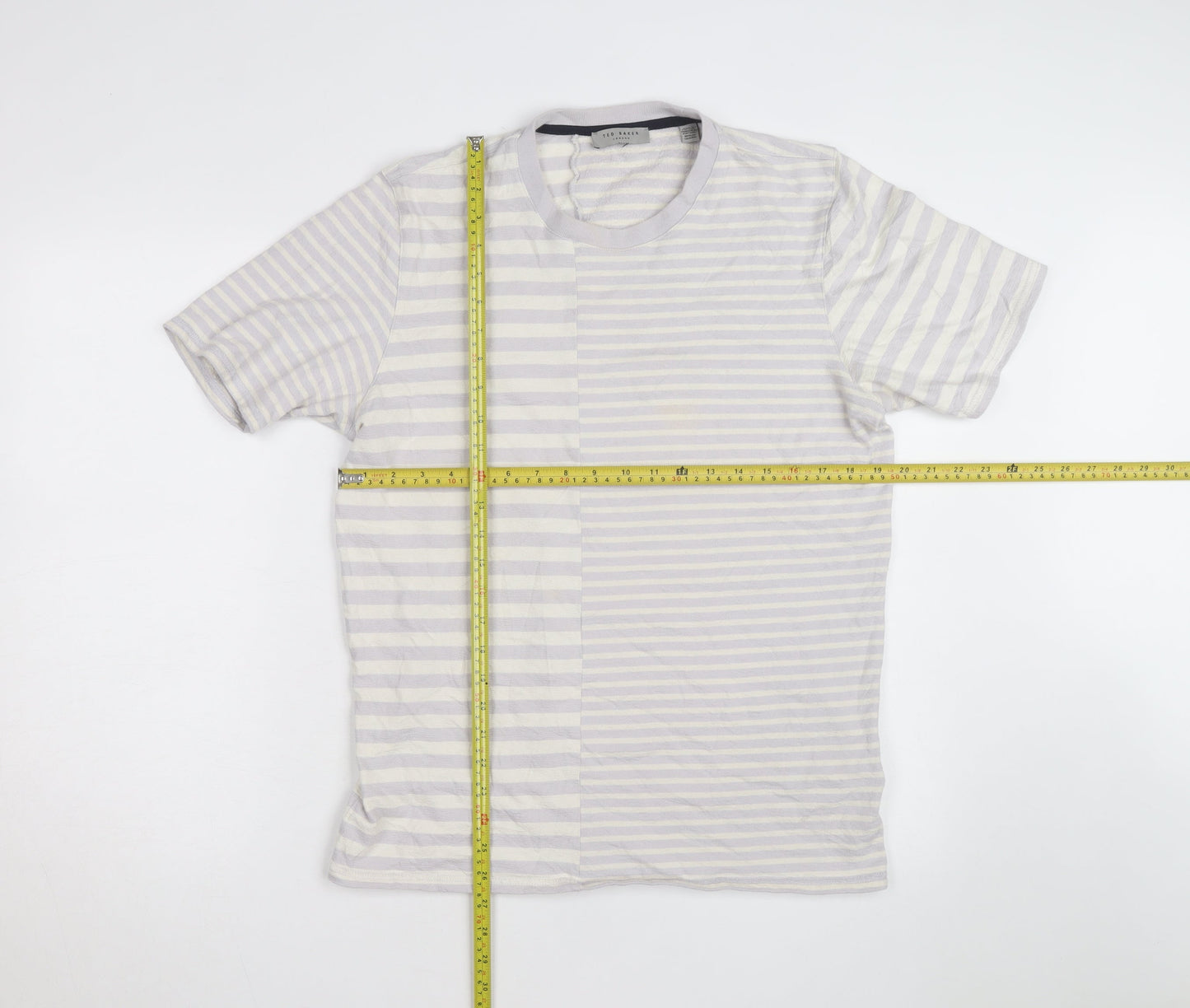 Ted Baker Women Grey Striped Cotton Crew Neck T-Shirt Size L