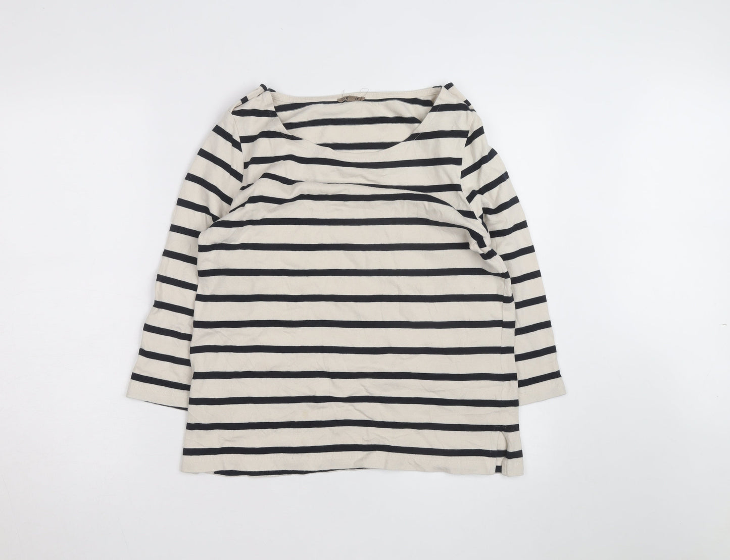Jigsaw Women's Beige Navy Stripe 3/4 Sleeve Cotton Boat Neck T-Shirt L