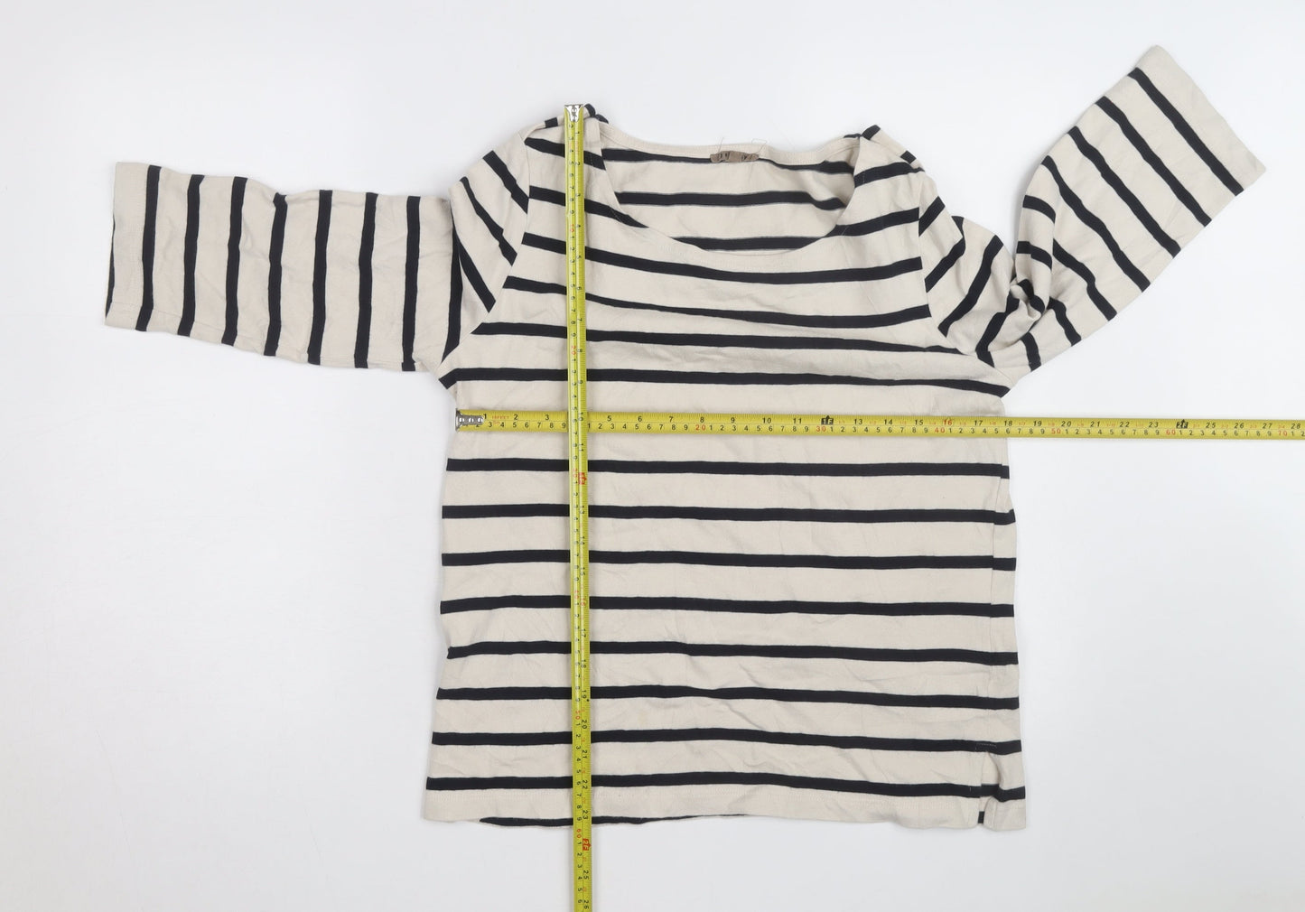 Jigsaw Women's Beige Navy Stripe 3/4 Sleeve Cotton Boat Neck T-Shirt L