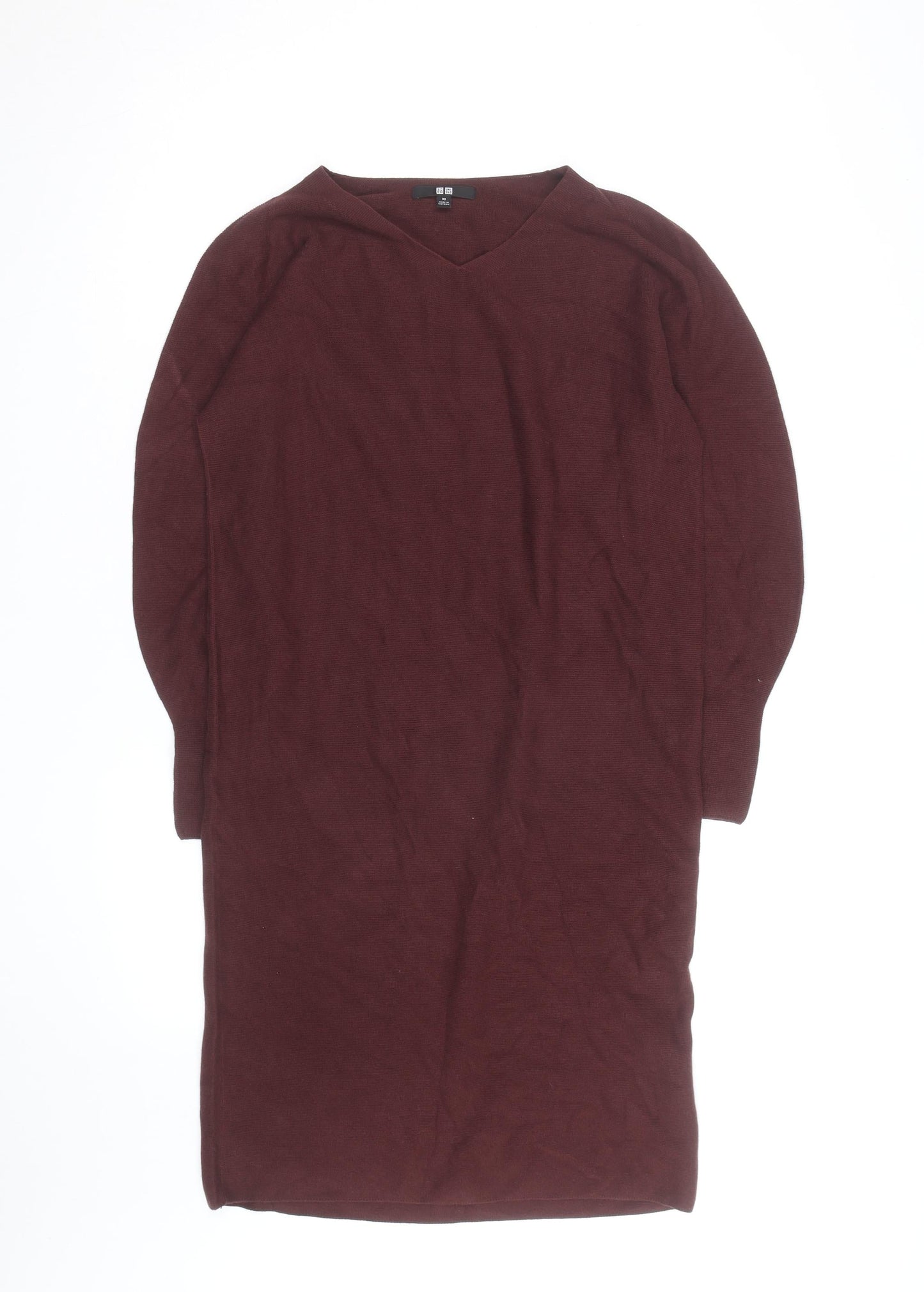 Uniqlo Women Brown Wool V-Neck Long Sleeve Knee Length Sweater Dress XS
