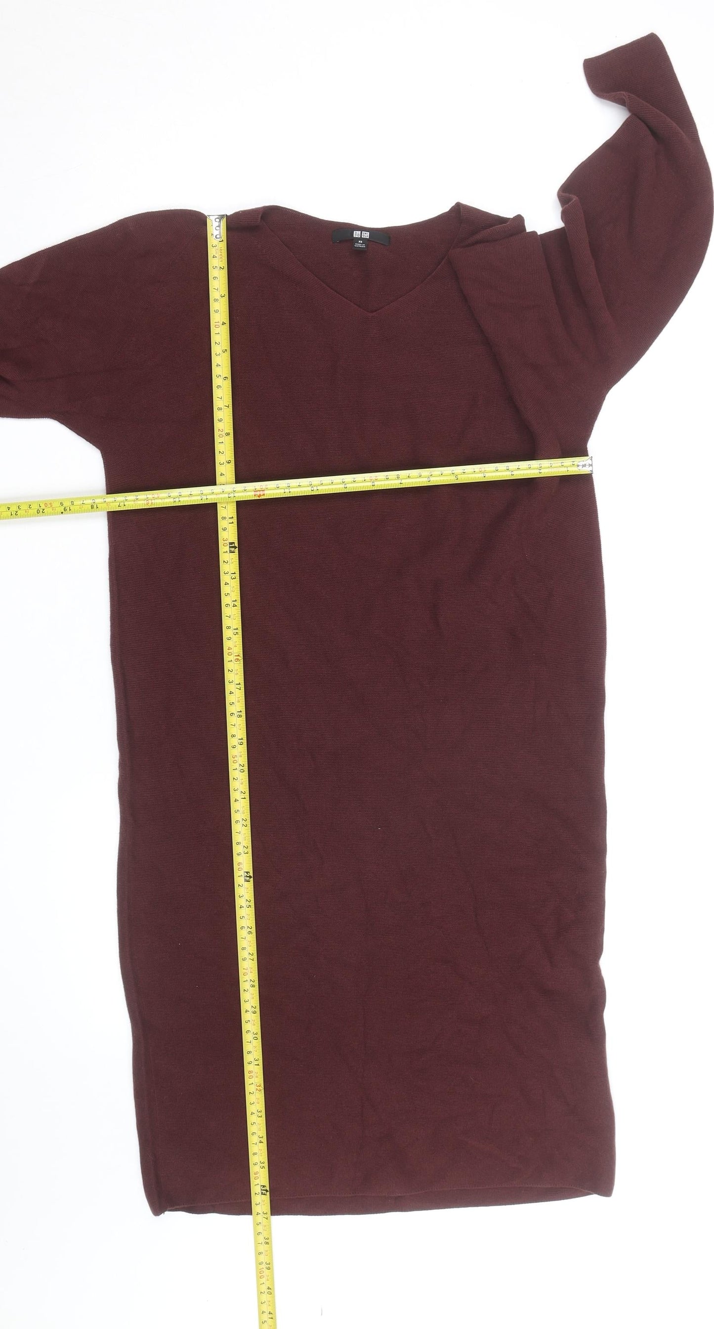Uniqlo Women Brown Wool V-Neck Long Sleeve Knee Length Sweater Dress XS