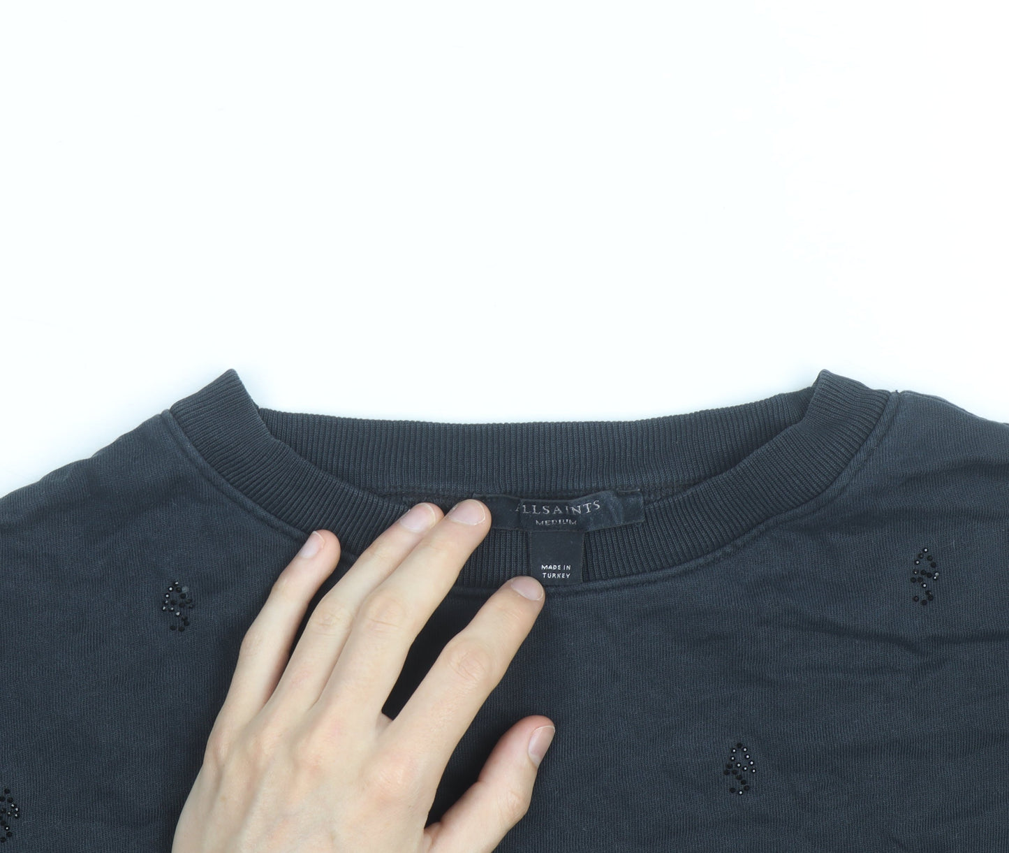 AllSaints Women Black Beaded Crew Neck Pullover Sweatshirt Medium