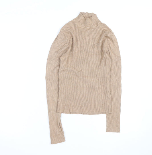 Boohoo Women Beige Mock Neck Ribbed Knit Long Sleeve Jumper S