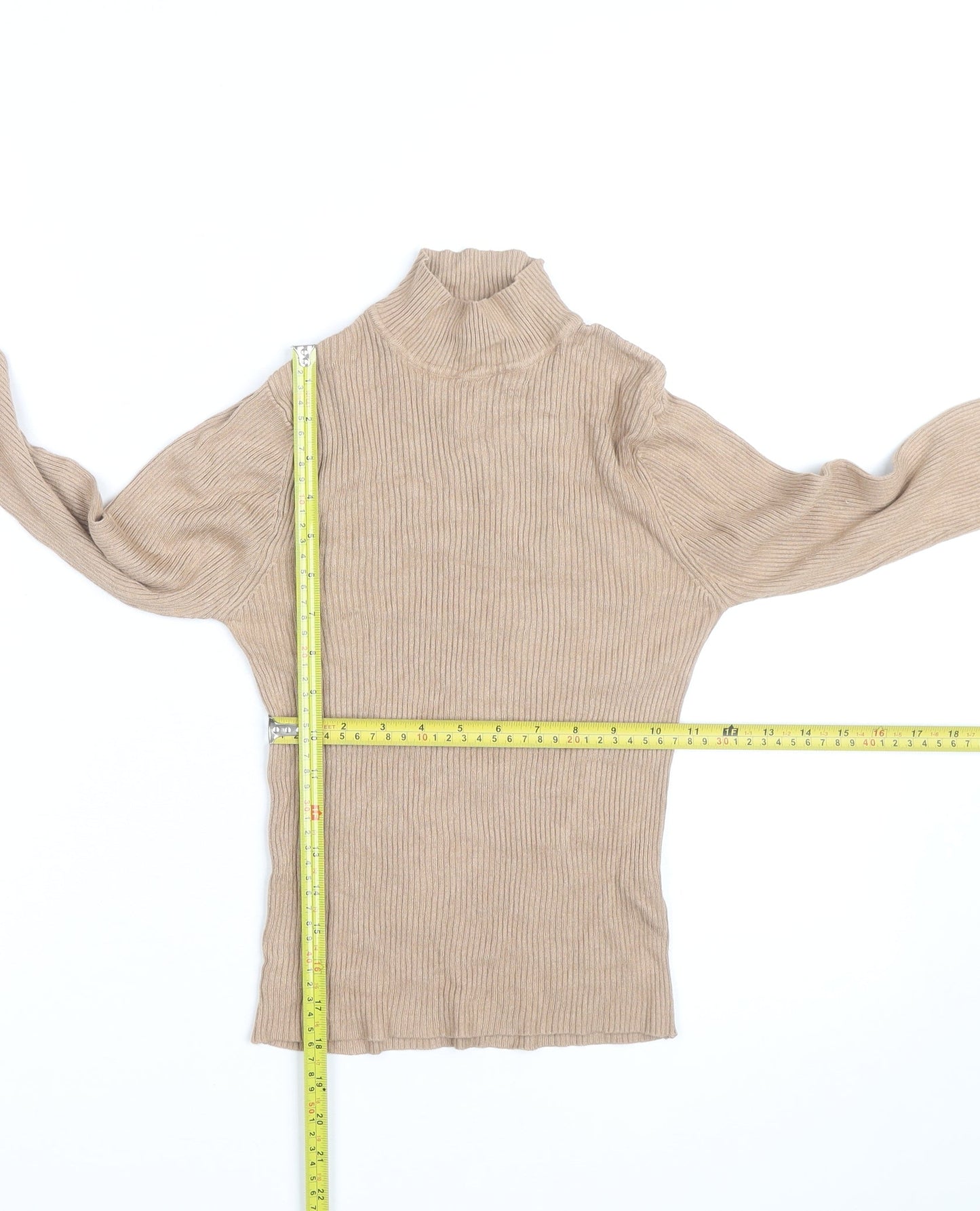 Boohoo Women Beige Mock Neck Ribbed Knit Long Sleeve Jumper S