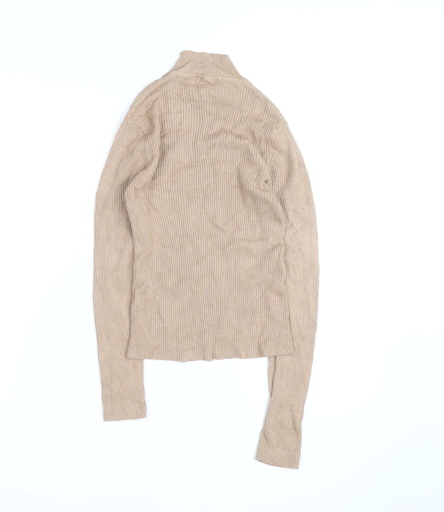 Boohoo Women Beige Mock Neck Ribbed Knit Long Sleeve Jumper S