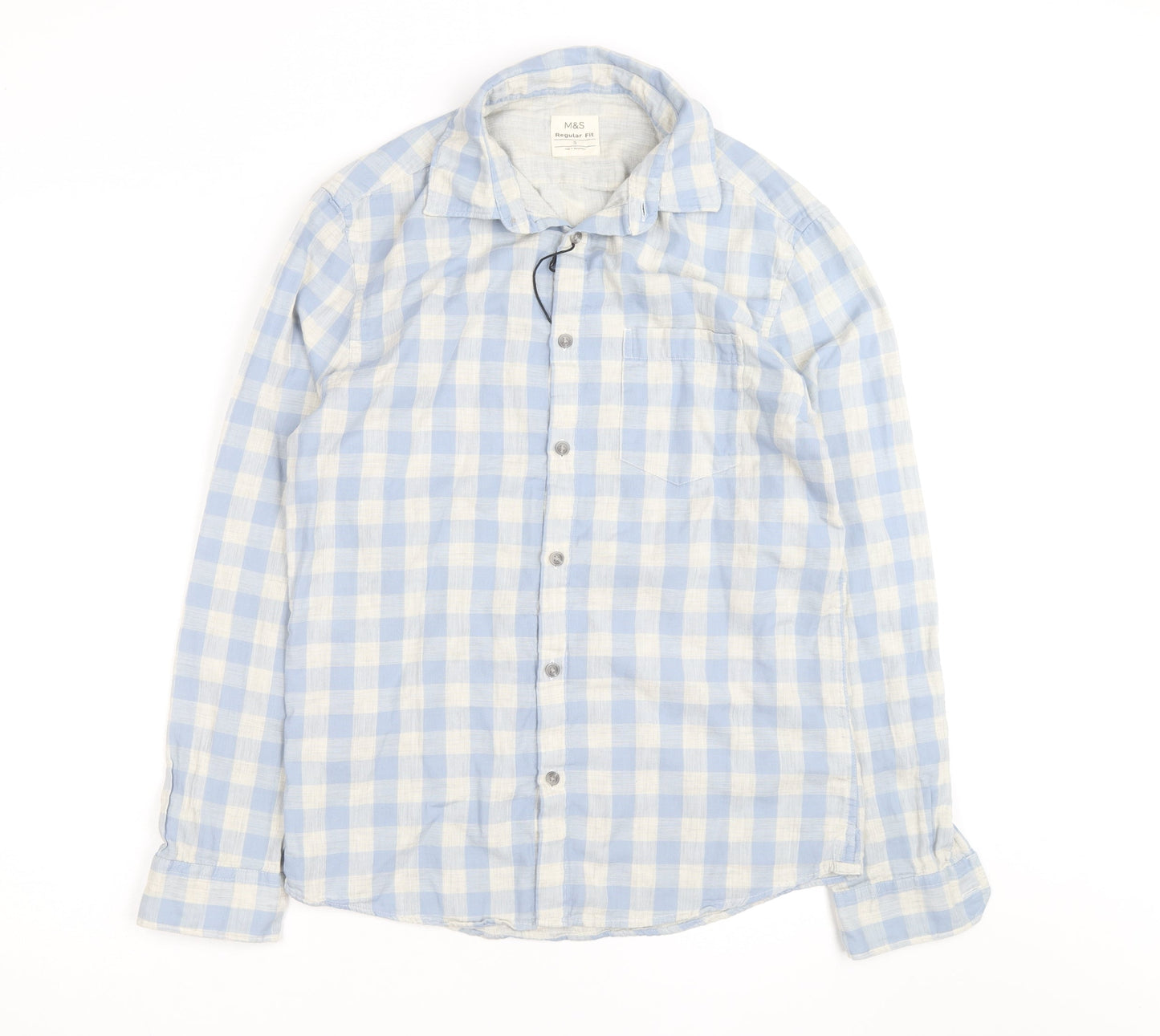 Marks and Spencer Men's Blue Check Linen Cotton Regular Fit Shirt S