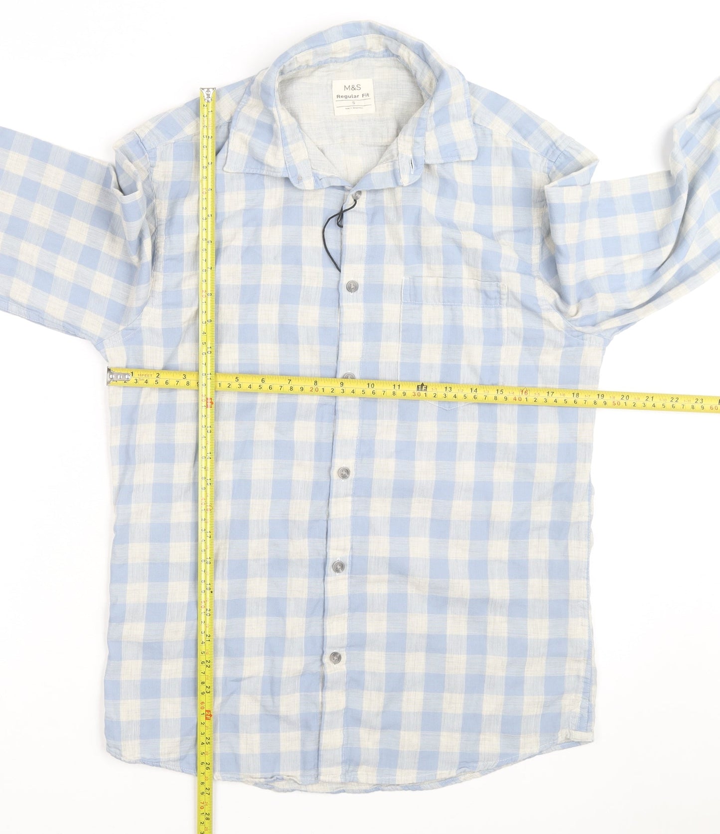 Marks and Spencer Men's Blue Check Linen Cotton Regular Fit Shirt S