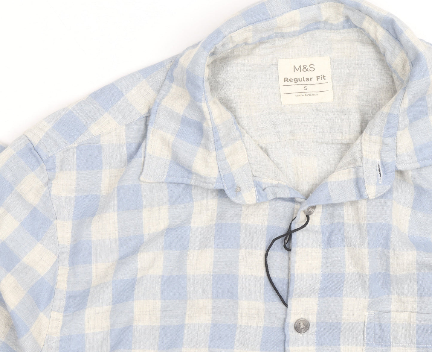 Marks and Spencer Men's Blue Check Linen Cotton Regular Fit Shirt S